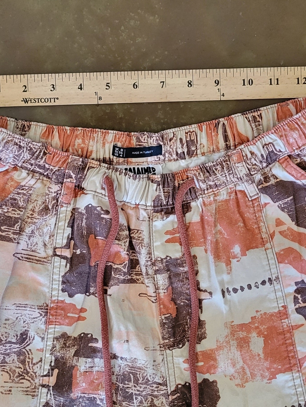 Reclaimed Vintage Elastic Waist Pants in Peach & Brown Print Sz 4 - Picture 3 of 8